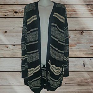 St. Johns Bay - XL Black & Gray Striped Knit Open Front Long Cardigan w/ Pockets